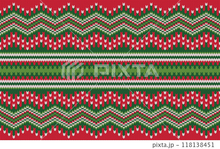 Knitted pattern seamless fabric Christmas line art. traditional knitted pattern vector on red-green. Designed for background ,wallpaper ,carpet ,clothing ,knitted pattern ,fabric ,embroidery ,textile 118138451