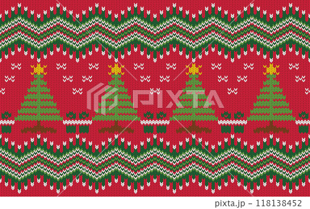 Knitted pattern seamless fabric Christmas tree. traditional knitted pattern vector winter concept. Designed for background ,wallpaper ,carpet ,clothing ,knitted pattern ,fabric ,embroidery ,textile 118138452