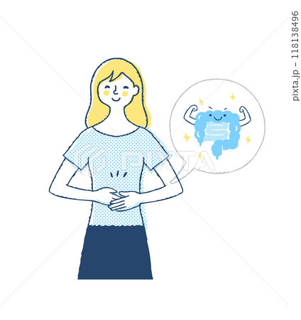 お腹に手を当てている笑顔の女性・健康的な腸のイメージ 118138496