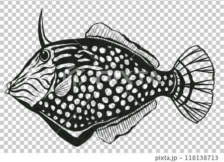 一個簡單的黑白剪紙插圖，展示了一條可愛的紅魚 118138713