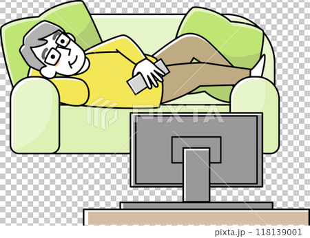 Senior man relaxing on the sofa and watching TV 118139001