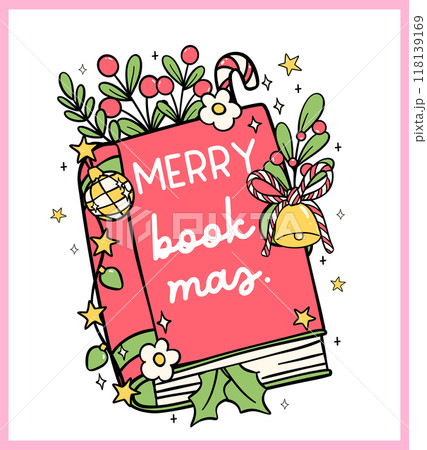 Festive Christmas books closed doodle Drawn retro groovy bookish for greeting cards, stickers, and shirt designs. 118139169