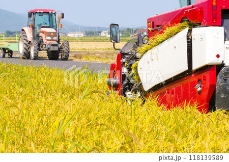大型コンバインでお米の収穫をしている様子 118139589