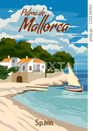 Vintage travel poster Mallorca Spain, tropical resort 118139763
