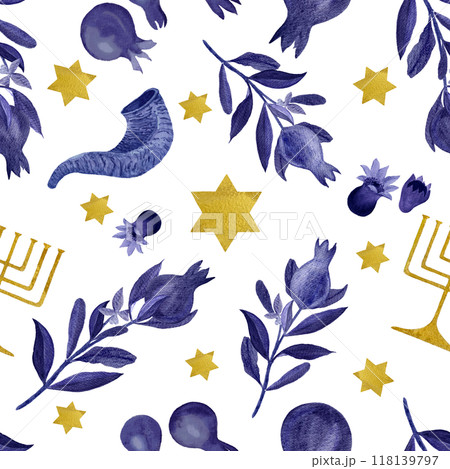 Rosh Hashanah, Hanukkah watercolor seamless pattern isolated on white. Festive dark blue gold menorah pomegranates, star shofar elements great for textile, wrapping paper. Jewish tradition clipart Rosh Hashanah, Hanukkah watercolor seamless pattern isolated on white. Festive dark blue gold menorah pomegranates, star shofar elements great for textile, wrapping paper. Jewish tradition clipart 118139797