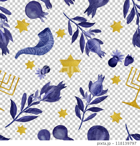 Rosh Hashanah, Hanukkah watercolor seamless pattern isolated on white. Festive dark blue gold menorah pomegranates, star shofar elements great for textile, wrapping paper. Jewish tradition clipart 118139797