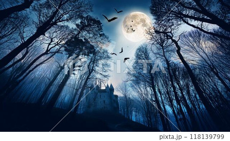 コウモリが舞う夜の不気味な森の墓、ハロウィン背景 118139799