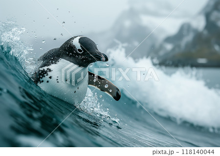 Penguin Surfing on Ocean Waves in a Snowy Antarctic Landscape, AI-generated item 118140044