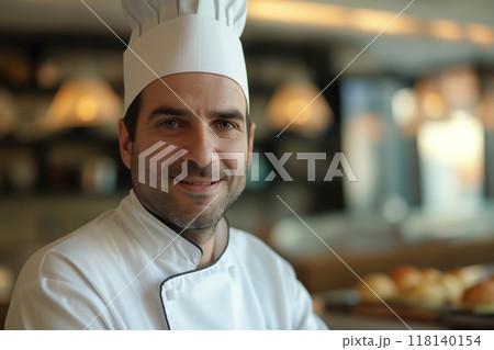 Smiling Chef in Professional Kitchen Wearing White Hat and Uniform with Bread in Background, AI-generated item 118140154
