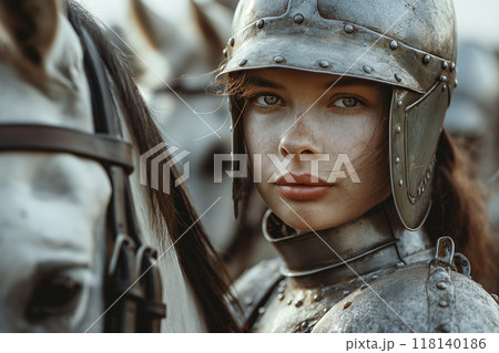 Medieval Female Warrior in Armor Beside Horse Historical Portrait, AI-generated item 118140186