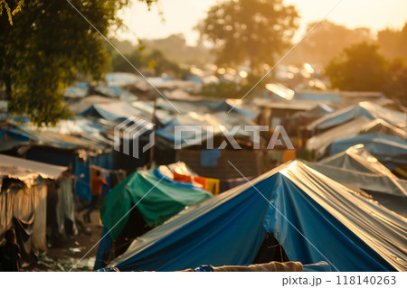 Sunset Over a Crowded Refugee Camp with Colorful Tents and Trees, AI-generated item 118140263