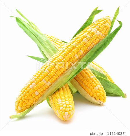 Fresh Sweet Corn on the Cob with Green Husks Isolated on White Background, AI-generated item 118140274