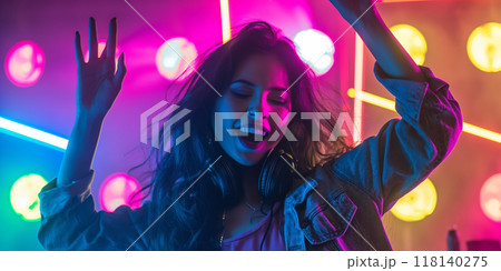 Young Woman Enjoying a Vibrant Night Party with Neon Lights in a Modern Club, AI-generated item 118140275
