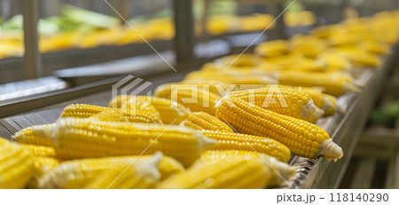 Fresh Yellow Corn on Conveyor Belt in Food Processing Plant, AI-generated item Fresh Yellow Corn on Conveyor Belt in Food Processing Plant, AI-generated item 118140290
