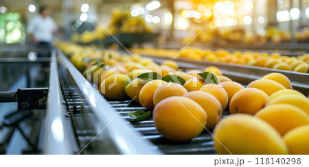 Modern Mango Production Line with Fresh Ripe Mangoes in Processing Facility, AI-generated item Modern Mango Production Line with Fresh Ripe Mangoes in Processing Facility, AI-generated item 118140298