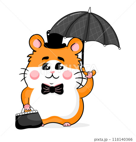 Cartoon hamster gentleman mascot with bag and umbrella for kids 118140366