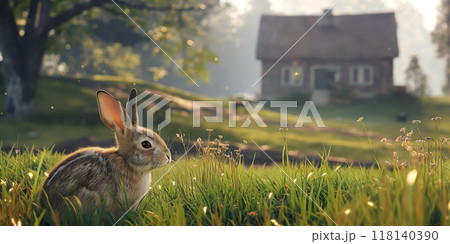 Serene Morning Rabbit in a Lush Green Meadow with Cottage in the Background, AI-generated item 118140390
