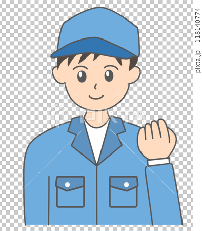 拳を握りしめる青い作業服と帽子をがぶった若い日本人の男性作業員のイラスト 118140774