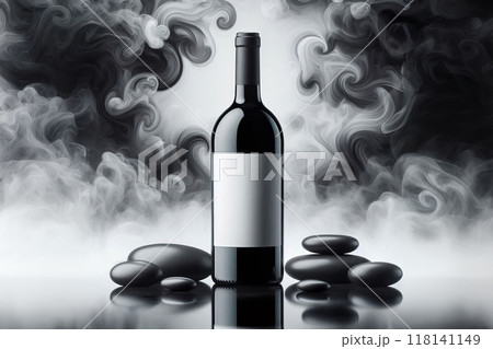 Wine bottle with empty label on shiny surface, surrounded by smooth dark stones. Artistic gray and black smoke or marble pattern in background, creating a refined, dramatic scene, 118141149
