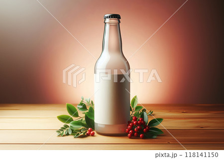 Bottle with blank label on wooden surface, surrounded by green leaves and red berries, warm gradient background of orange and pink hues, perfect for beverages, branding, product photography 118141150