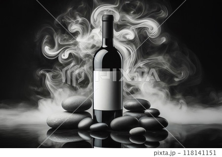 a bottle of wine with a blank label, standing on a reflective surface. Surrounding the bottle are several smooth, dark stones. shades of gray and black 118141151