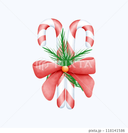 Hand Drawn Watercolor Christmas Candy Cane Illustration with Red and Green Stripes and Festive Bows 118141586