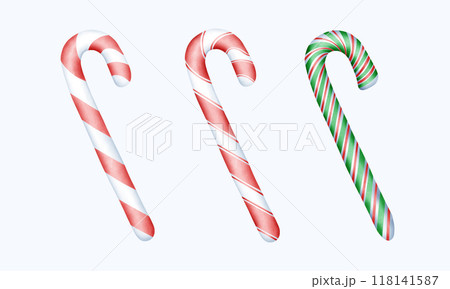 Hand Drawn Watercolor Christmas Candy Cane Illustration with Red and Green Stripes and Festive Bows 118141587