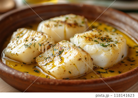 Savor the rich flavors of Bacalao al pil pil, a cherished tapa from the Basque Country, perfect for sharing with friends Savor the rich flavors of Bacalao al pil pil, a cherished tapa from the Basque Country, perfect for sharing with friends 118141623