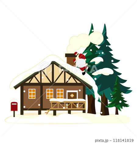 煙突のある家によじ登るサンタのイラスト 118141819