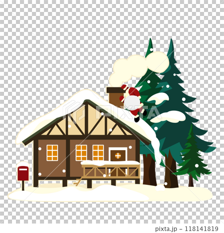 煙突のある家によじ登るサンタのイラスト 118141819