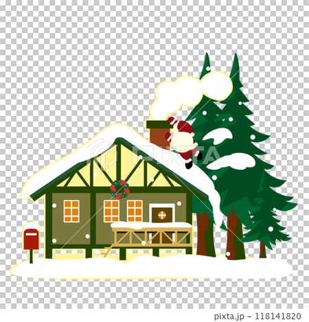 Illustration of Santa climbing up a house with a chimney 118141820