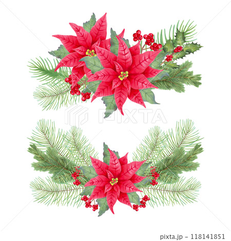 Christmas bouquets with poinsettia flower, holly branches, berries, pine, fir. Watercolor and marker illustration. Composition for seasonal winter holidays New Year, Christmas. Handmade, isolated. Christmas bouquets with poinsettia flower, holly branches, berries, pine, fir. Watercolor and marker illustration. Composition for seasonal winter holidays New Year, Christmas. Handmade, isolated. 118141851