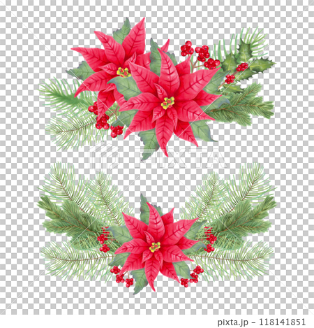 Christmas bouquets with poinsettia flower, holly branches, berries, pine, fir. Watercolor and marker illustration. Composition for seasonal winter holidays New Year, Christmas. Handmade, isolated. Christmas bouquets with poinsettia flower, holly branches, berries, pine, fir. Watercolor and marker illustration. Composition for seasonal winter holidays New Year, Christmas. Handmade, isolated. 118141851