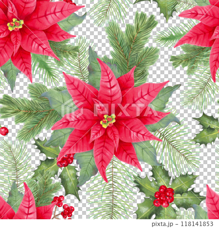 Seamless pattern with poinsettia flower, holly berries and pine branches for Christmas. Botanical illustration with watercolor, marker. Hand drawn isolated art. Winter festive background for New Year. Seamless pattern with poinsettia flower, holly berries and pine branches for Christmas. Botanical illustration with watercolor, marker. Hand drawn isolated art. Winter festive background for New Year. 118141853