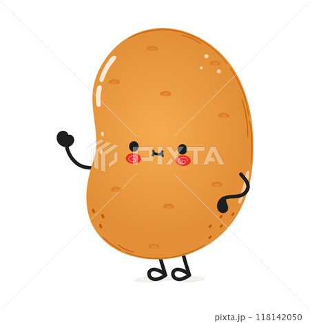 Potato waving hand character. Vector hand drawn cartoon kawaii character illustration icon. Isolated on white background. Potato character concept Potato waving hand character. Vector hand drawn cartoon kawaii character illustration icon. Isolated on white background. Potato character concept 118142050