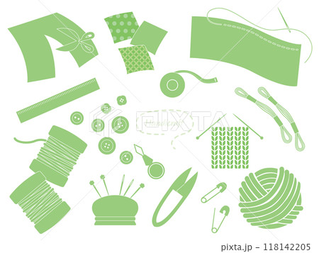 手芸で使う道具のイラストセット、単色・緑 手芸で使う道具のイラストセット、単色・緑 118142205
