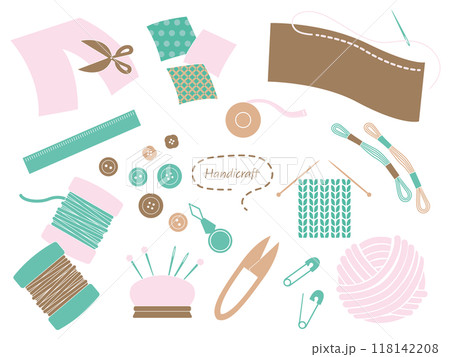 手芸で使う道具のイラストセット、かわいいパステル系 118142208