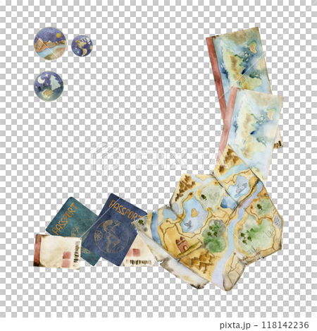 Multinational world map, passport id document, plane train ferry ticket coupon permit, stickers. Watercolor hand drawn illustration. Square frame. Design for tourism, travel brochure, booklet, guide. Multinational world map, passport id document, plane train ferry ticket coupon permit, stickers. Watercolor hand drawn illustration. Square frame. Design for tourism, travel brochure, booklet, guide. 118142236