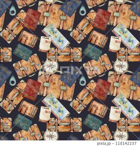 Vintage retro luggage suitcases, compass wallet passport id document, tickets cotton flower. Watercolor hand drawn art. Seamless pattern. Design for tourism, travel, brochure, wedding, guide, print. Vintage retro luggage suitcases, compass wallet passport id document, tickets cotton flower. Watercolor hand drawn art. Seamless pattern. Design for tourism, travel, brochure, wedding, guide, print. 118142237