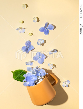 Flat lay bouquet of blue hydrangea flowers falling out of a yellow cup on a yellow background 118142480