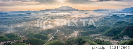Beautiful aerial view of Long Coc tea hills. Long Coc in Phu Tho Province, Vietnam Beautiful aerial view of Long Coc tea hills. Long Coc in Phu Tho Province, Vietnam 118142666