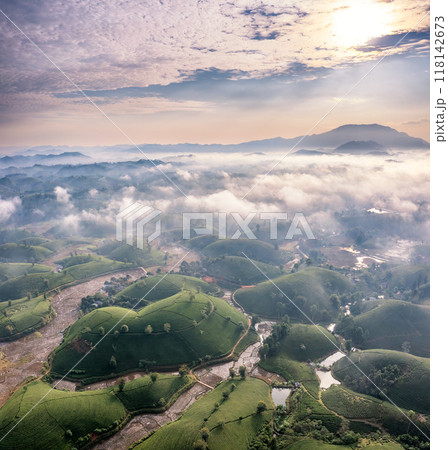 Beautiful aerial view of Long Coc tea hills. Long Coc in Phu Tho Province, Vietnam Beautiful aerial view of Long Coc tea hills. Long Coc in Phu Tho Province, Vietnam 118142673