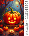 沢山のオレンジのカボチャと紅葉の夜 118143203