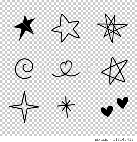 Doodle hand drawn. Element of star, sparkle, heart and music. Black and white Doodle hand drawn. Element of star, sparkle, heart and music. Black and white 118143415