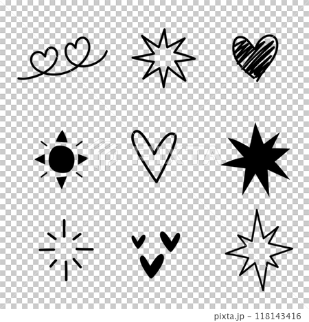 Doodle hand drawn. Element of star, sparkle, heart and music. Black and white Doodle hand drawn. Element of star, sparkle, heart and music. Black and white 118143416