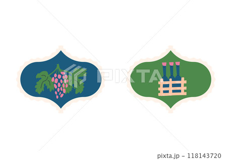Grapes and wine bottles damask emblems isolated on white background. Vector hand drawn flat illustration Grapes and wine bottles damask emblems isolated on white background. Vector hand drawn flat illustration 118143720