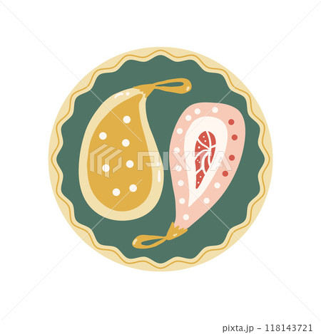Christmas round sticker with glass paisley baubles. Happy New Year retro design. Vector hand drawn illustration isolated on white background. Christmas round sticker with glass paisley baubles. Happy New Year retro design. Vector hand drawn illustration isolated on white background. 118143721