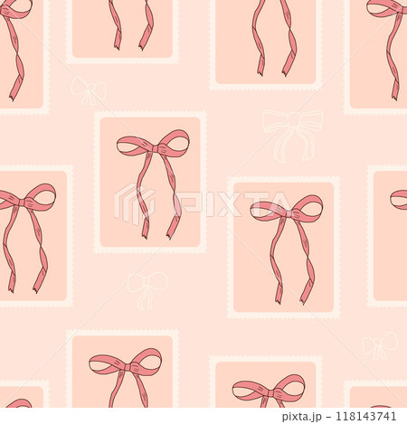 Bows posters seamless pattern. Pink festive band patchwork repeat background. Bowknots endless design. Vector hand drawn flat illustration. 118143741