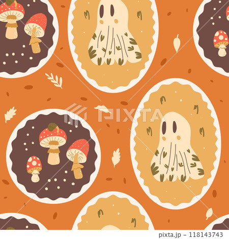 Halloween ghosts and fly agaric seamless pattern. Oval emblem with ghoul repeat background. Cute monster retro circular autumn festive badge endless surface design. Vector hand drawn illustration 118143743