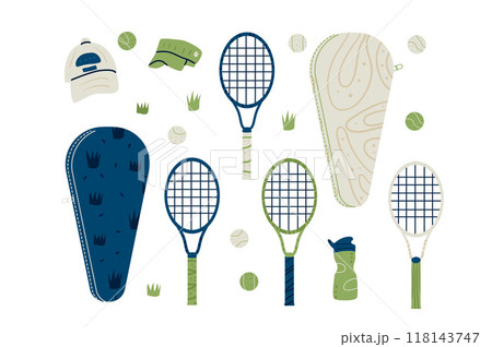 Set of tennis equipment with rackets, tennis bags, caps, balls and grass elements. Sports-themed kit. Vector hand drawn flat collection illustration isolated on white background. Set of tennis equipment with rackets, tennis bags, caps, balls and grass elements. Sports-themed kit. Vector hand drawn flat collection illustration isolated on white background. 118143747